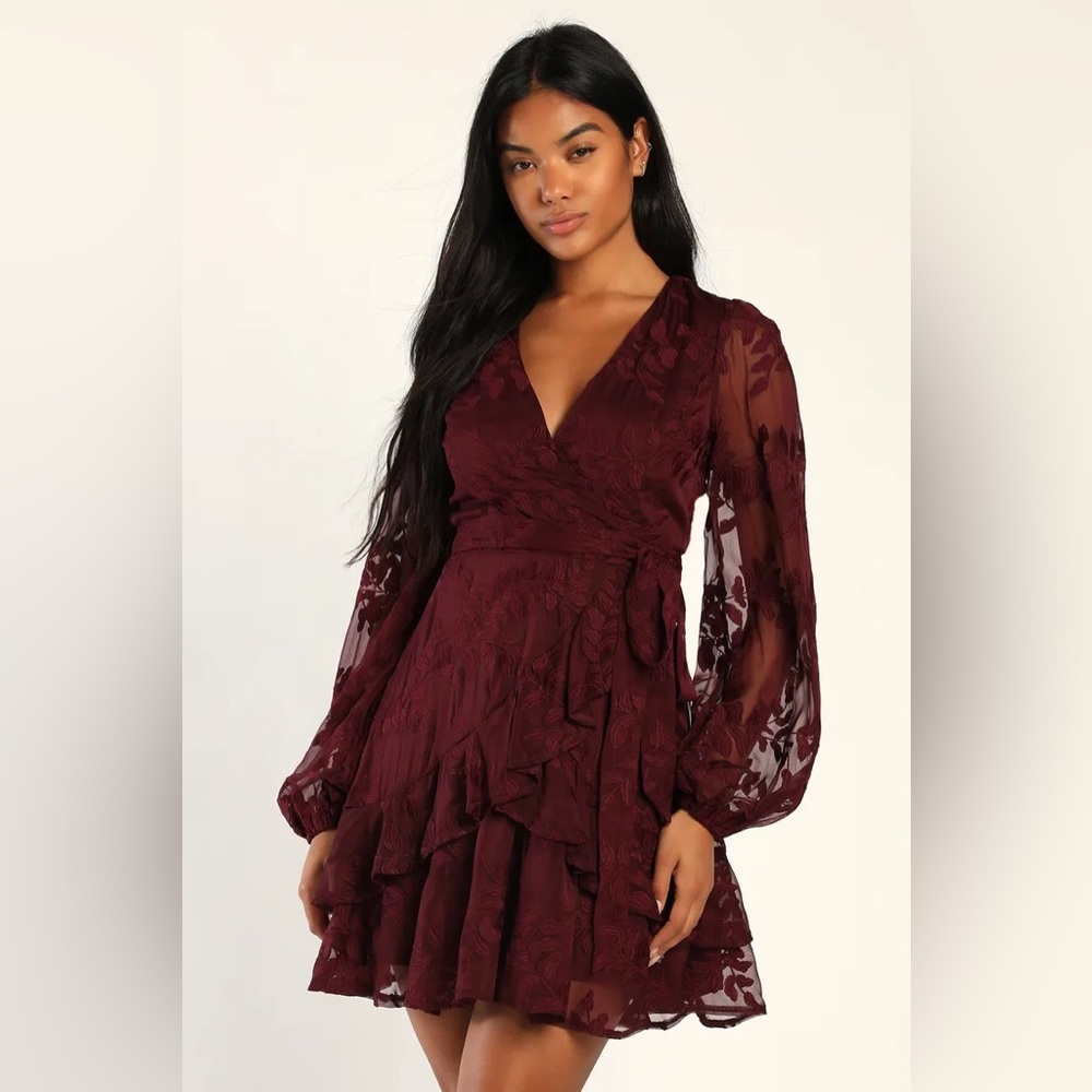 Lulus NWT Burgundy Floral Embroidered Mini Dress